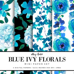 Blaue Efeu Floral Digital Paper Set / Digital Scrapbook Papier / illustriert Papier / Mode Papier / Wallpaper/Hintergrund - nicht nahtlos