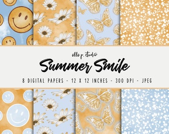 Summer Smile Digital Paper Set / Digital Scrapbook Paper / Illustrated Paper / Fall Patterns / Wallpaper/Backdrop - Not Seamless