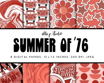 Summer of '76 Digital Paper Set / Digital Scrapbook Paper / Illustrated Paper / Fall Patterns / Wallpaper/Backdrop - Not Seamless