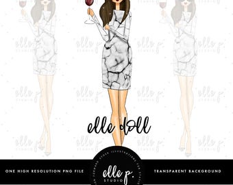 Wine Time ELLE P. Doll/ Wine Clipart / Fashion Clip art /Girl Clipart / Task Planner Doll