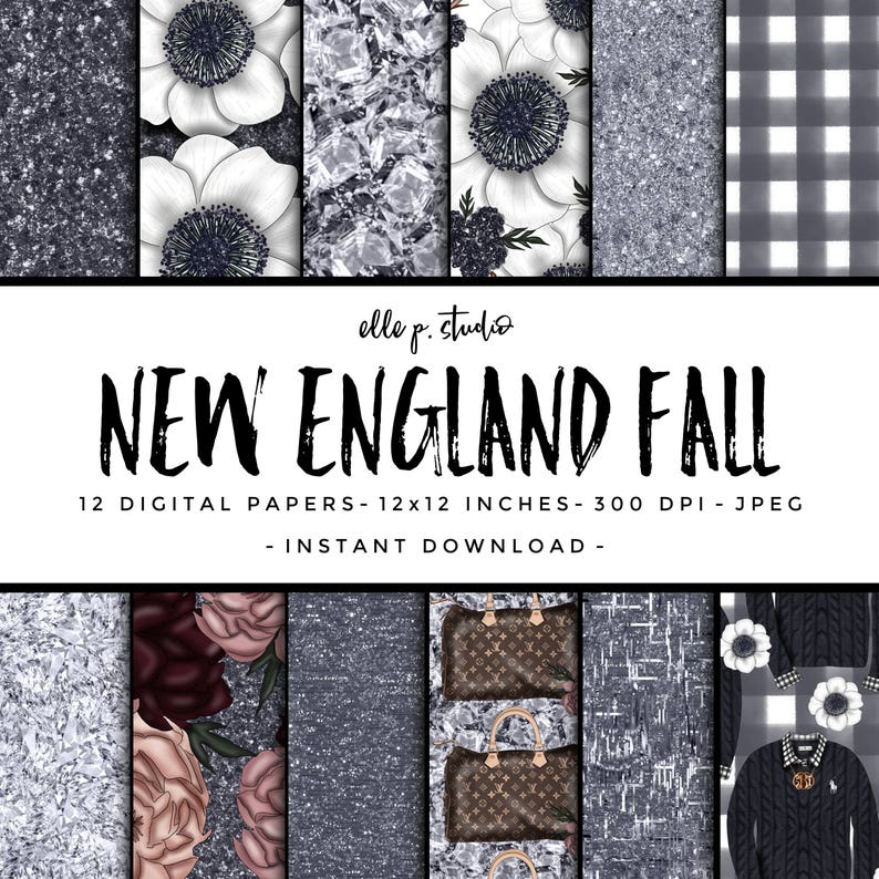 New England Fall Digital Paper Set / Digital Scrapbook Paper / Fall Paper /Glitter Paper /Floral Paper Wallpaper/Backdrop 