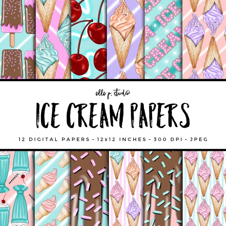 Ice Cream Paper Set / Digital Scrapbook Paper / Illustrated Etsy