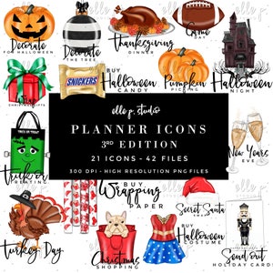 Puede incluir: Un conjunto de 21 iconos de planificador para diversas fiestas y eventos, incluyendo Halloween, Acci&oacute;n de Gracias, Navidad, Nochevieja, y m&aacute;s. Los iconos son coloridos y presentan ilustraciones de calabazas, pavos, bastones de caramelo y otras im&aacute;genes festivas. Los iconos son de 300 DPI y archivos PNG de alta resoluci&oacute;n.