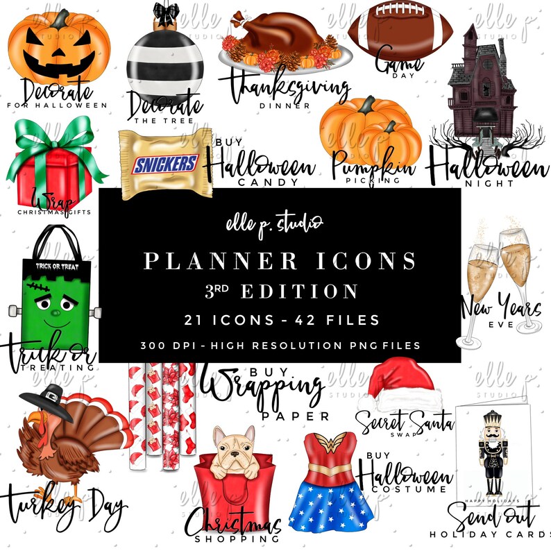 Puede incluir: Un conjunto de 21 iconos de planificador para diversas fiestas y eventos, incluyendo Halloween, Acci&oacute;n de Gracias, Navidad, Nochevieja, y m&aacute;s. Los iconos son coloridos y presentan ilustraciones de calabazas, pavos, bastones de caramelo y otras im&aacute;genes festivas. Los iconos son de 300 DPI y archivos PNG de alta resoluci&oacute;n.