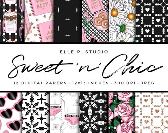May include: A set of 12 digital papers featuring various patterns, including black and white checkered, black and white geometric, black and white hearts, white daisies on a white background, pink and white polka dots, and a pink and white floral pattern. The papers are 12x12 inches and 300 DPI.