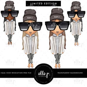 May include: Three digital illustrations of women wearing gray jackets, black beanies with the text "Killin' It", and black sunglasses. The women have different hair colors and are standing on a white background with a subtle pattern.