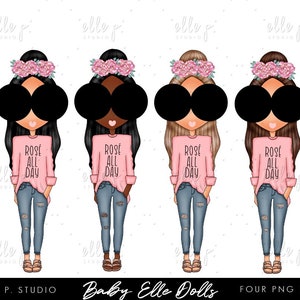 May include: Four digital illustrations of cartoon girls with pink flower crowns, sunglasses, and pink sweaters that say "Rose All Day".