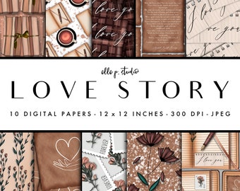 Love Story Digital Paper Set / Digital Scrapbook Paper / Illustrated Paper / Fall Patterns / Wallpaper/Backdrop - Not Seamless