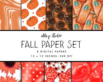 Fall Basic Digital Paper Set / Digital Scrapbook Paper / Illustrated Paper / Fall Patterns / Wallpaper/Backdrop - Not Seamless