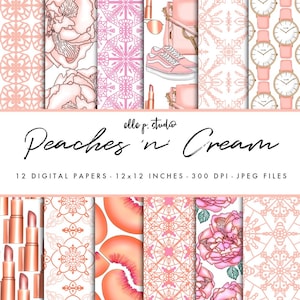 Conjunto de papel pêssego e creme/papel de scrapbook digital/padrões de peônia/papel primavera/verão/papel de parede/pano de fundo - não sem costura