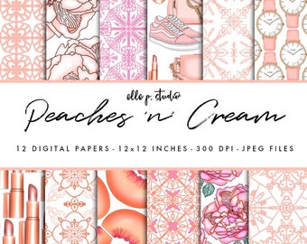 Peaches 'n' Cream Paper Set / Digital Scrapbook Paper / Peony Patterns / Spring/Summer Paper / Wallpaper/Backdrop - Not Seamless