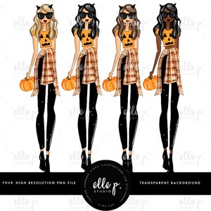 May include: Four digital illustrations of women wearing black leggings, a plaid shirt, and a pumpkin-themed top. Each woman has a different hair color and skin tone. The background is transparent.