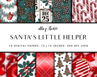 Santa's Little Helper Digital Paper Set / Digital Scrapbook Paper / Holiday Paper / Holiday Patterns / Wallpaper/Backdrop - Not Seamless