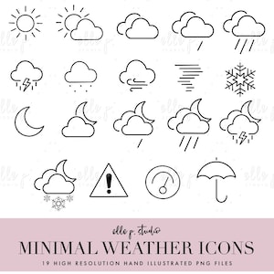 May include: A set of 19 black and white weather icons, including sun, clouds, rain, snow, wind, lightning, and a thermometer. The icons are minimalist in style and perfect for use in digital or print projects.