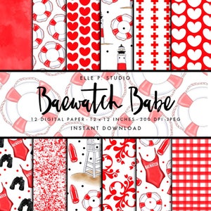 Baewatch Digital Paper Set / Digitaal Scrapbook Papier / Geïllustreerd Papier / Fashion Paper / Zomer Prints / Patronen / Strand- Niet naadloos