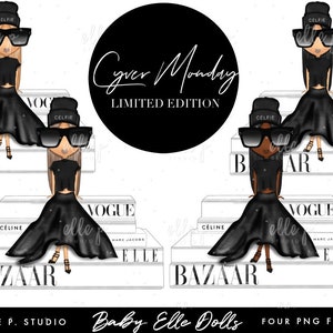 May include: Four digital illustrations of fashion dolls wearing black dresses and sunglasses. Each doll is sitting on a stack of magazines, including Vogue, Bazaar, and Elle.