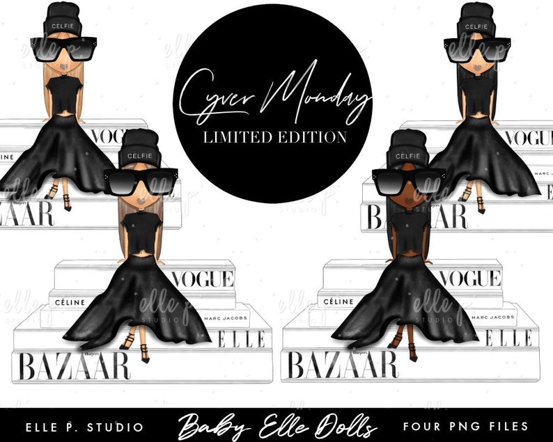 May include: Four digital illustrations of fashion dolls wearing black dresses and sunglasses. Each doll is sitting on a stack of magazines, including Vogue, Bazaar, and Elle.