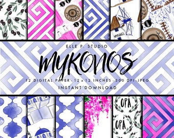 Mykonos Digital Paper Set / Digital Scrapbook Paper / Illustrated Paper / Fashion Paper / Wallpaper/Backdrop/Patterns/Prints - Not Seamless