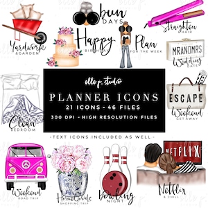 May include: A set of 21 planner icons featuring illustrations of various activities and events, including a pink van, a bouquet of pink flowers, bowling pins, a couple watching TV, a wedding date, a getaway weekend, a birthday cake, a cleaning bedroom, and yard work. The icons are designed in a colorful and whimsical style.