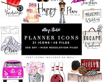 21 Planner Icons SECOND EDITION/Planner Clipart Bundle -46 Files total! Only ONE Basic or Large License needed -Pls read below for details
