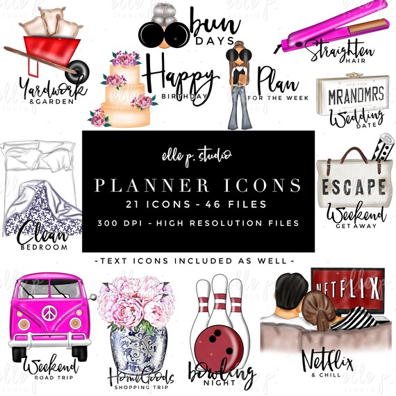 21 Planner Icons SECOND EDITION/Planner Clipart Bundle -46 Files total! Only ONE Basic or Large License needed -Pls read below for details