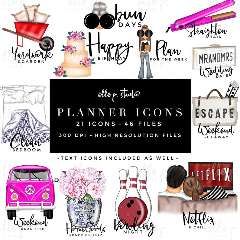 May include: A set of 21 planner icons featuring illustrations of various activities and events, including a pink van, a bouquet of pink flowers, bowling pins, a couple watching TV, a wedding date, a getaway weekend, a birthday cake, a cleaning bedroom, and yard work. The icons are designed in a colorful and whimsical style.