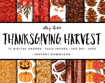 Thanksgiving Harvest Digital Paper Set / Digital Scrapbook Paper / Thanksgiving Paper /Turkey Paper / Wallpaper/Backdrop - Not Seamless