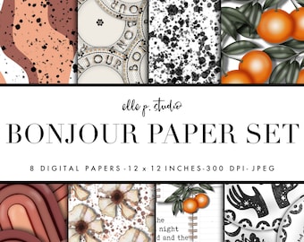 Bonjour Digital Paper Set / Digital Scrapbook Paper / Illustrated Paper / Fall Patterns / Wallpaper/Backdrop - Not Seamless