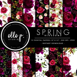 Frühling Blühte Floral Digital Paper Set / Digital Scrapbook Papier / Floral illustriert Papier / Floral Wallpaper - nicht nahtlos