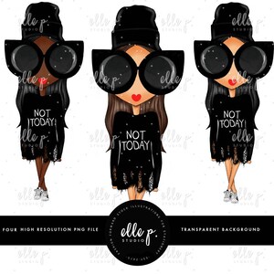 May include: Three digital illustrations of a cartoon woman wearing a black beanie, black sunglasses, and a black sweater with the text "Not Today" on it. The woman is standing with her arms at her sides.