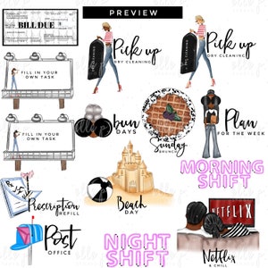 May include: A set of digital planner stickers featuring illustrations of women, food, and activities. The stickers include images of a woman picking up dry cleaning, a woman with a plan for the week, a woman having brunch, a woman at the beach, a woman getting a prescription refill, a woman at the post office, a woman watching Netflix, and a woman working the night shift. The stickers also include text such as "Pick up Dry Cleaning", "Plan for the Week", "Sunday Brunch", "Beach Day", "Prescription Refill", "Post Office", "Night Shift", "Morning Shift", and "Netflix & Chill".