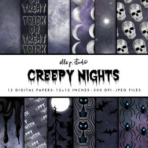 May include: A set of 12 digital papers featuring spooky Halloween themes. The papers include a black cat, bats, spiders, skulls, moons, and text that says "Treat Trick or Treat Trick" and "Happy Halloween". The papers are 12x12 inches and 300 DPI.