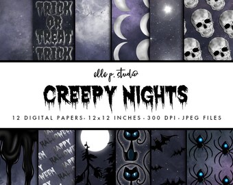 Creepy Night Halloween Digital Paper Set / Digital Scrapbook Paper / Illustrated Paper / Fashion Paper / Wallpaper/Patterns- Not Seamless