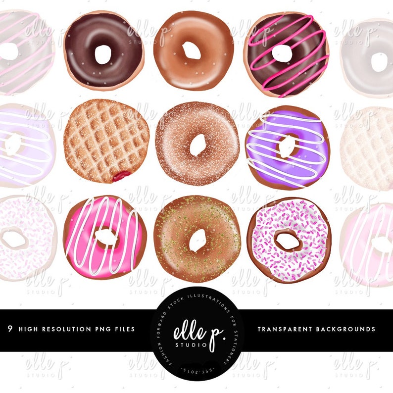 May include: Nine digital illustrations of various donuts with different toppings and glazes. The donuts are on a white background.