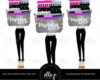 Laundry Day Clip Art/ AKA. ELLE P. Doll illustrated / Fashion Clip art /Girl Clip art