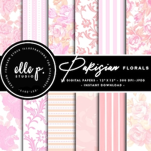 Parisian Floral Digital Paper Set by Elle P. Studio / Digitales Scrapbook Papier / Floral Illustriertes Papier / Florale Clipart / Pfingstrosen Clipart