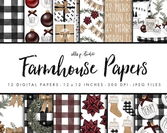 Pappersset med bondgårdsjul / Digitalt scrapbookpapper / Illustrerat papper / Högtidsmönster / Tapeter/Bakgrund - Inte sömlös
