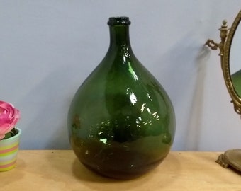 Dame jeanne 30 cm vert 5L demi John round green glass bottle French Antique Garden decor country chic vase midcentury