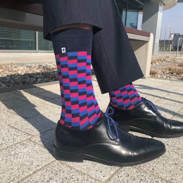 Colorful Dress Socks with blue pink checkered