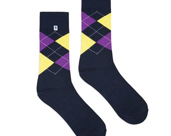 Dark Blue Socks with violet and yellow Diamonds, for mens suit or gift