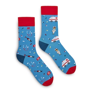 Socks with medical pattern - ambulance, nurse, pills, injection
