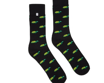 Funny high quality Socks with Green Turtle on black background