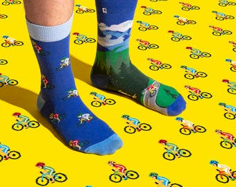 Socks with bicycles and mountains
