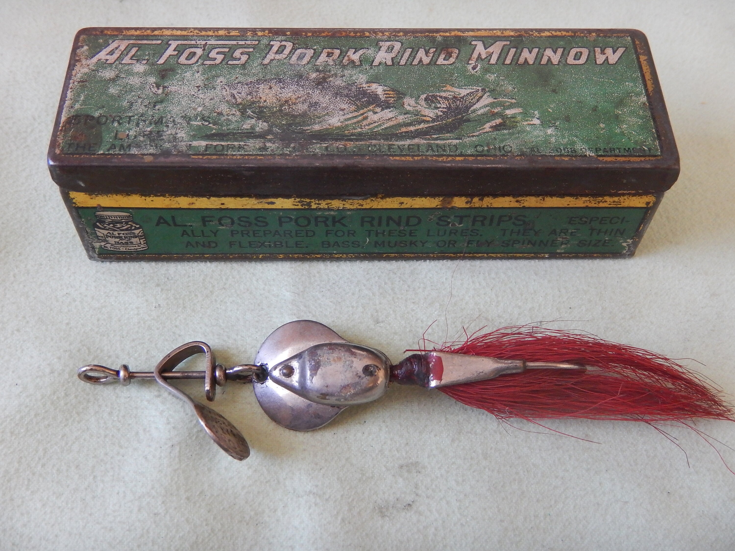 al foss shimmy no 6 in pork rind fishing lure original tin box rare with tin box and super collectible reelyouin
