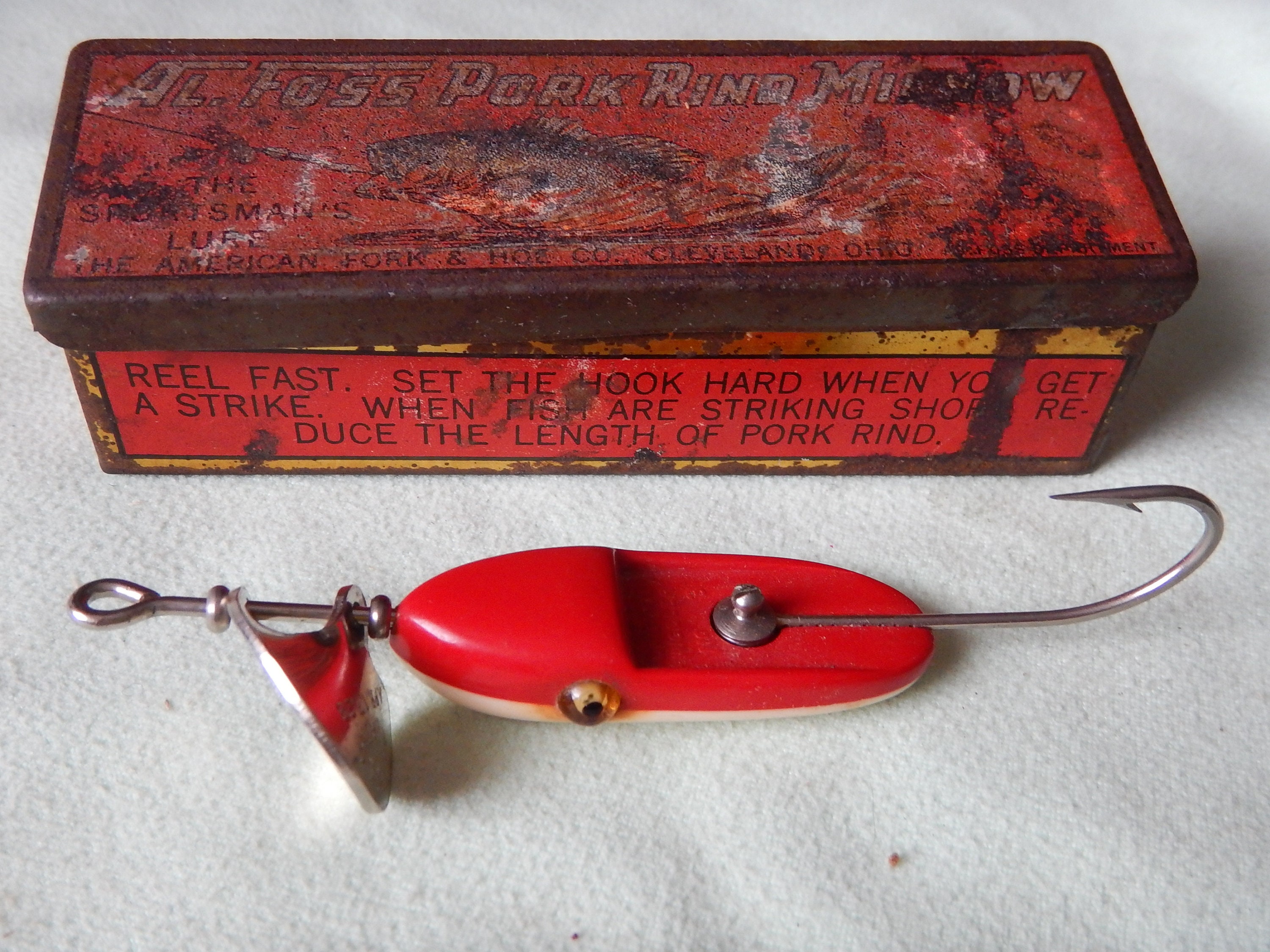 genuine al foss pork rind minnow wiggler no 3 unfished mint condition lure in original tin box super collectible reelyouin