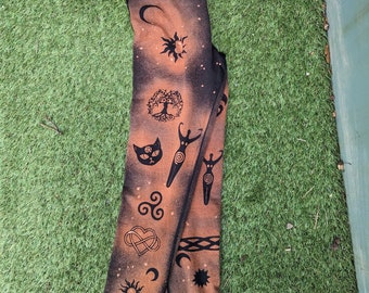 Wicca inspired hand bleached black Leggings, Womens girls