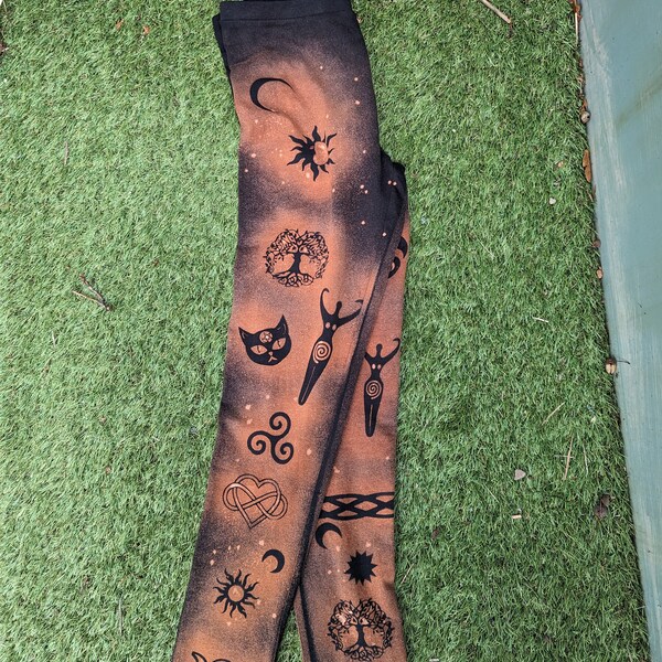 Wicca inspired hand bleached black Leggings, Womens girls