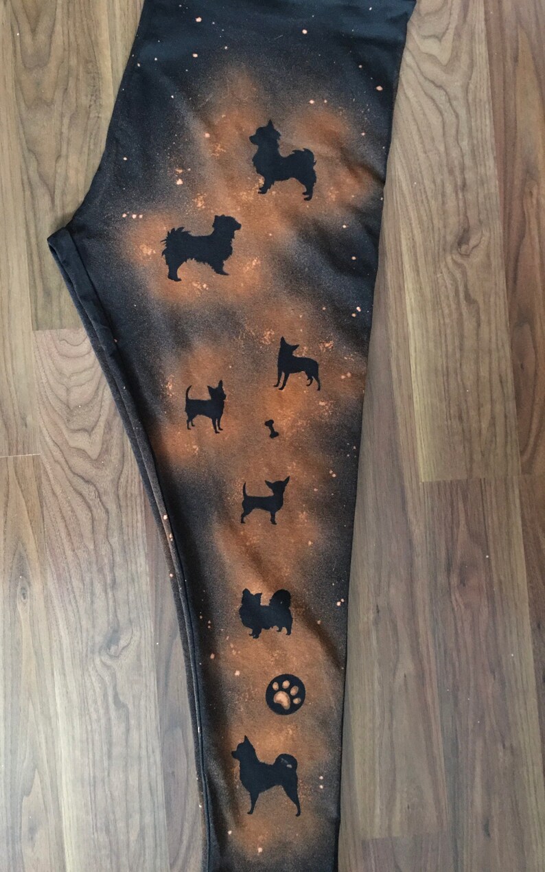 Chihuahua Print hand bleached Womens Girls Black Leggings, Dog Lover's Gift image 6