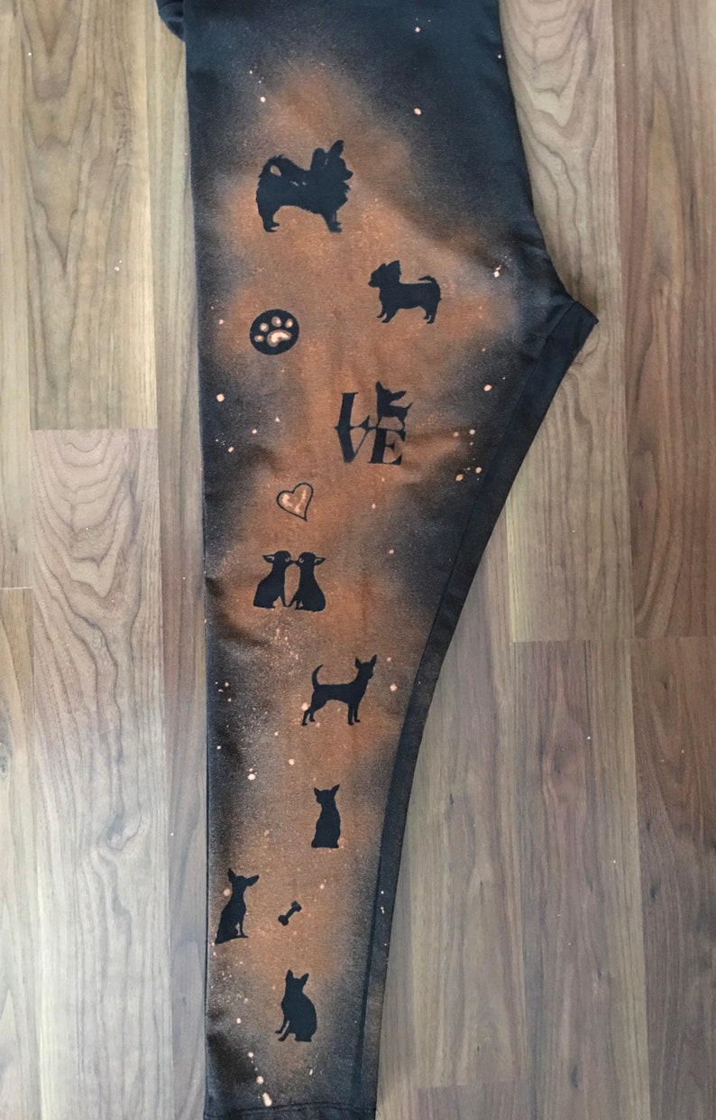 Chihuahua Print hand bleached Womens Girls Black Leggings, Dog Lover's Gift image 7