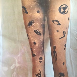 Alien UFO Print hand bleached black Leggings, Womens girls  Outer Space Galaxy